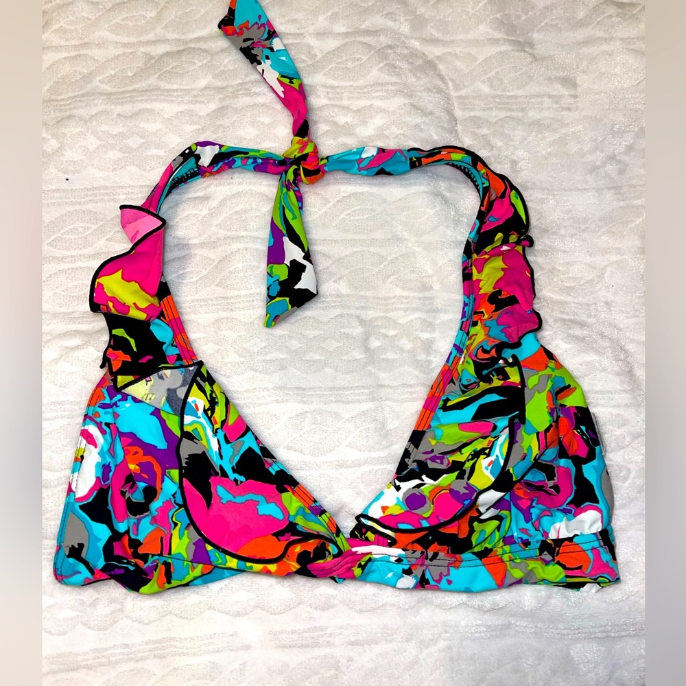 Kenneth Cole Multi colored print Swim Suit Bikini halter ruffled Top Size Medium